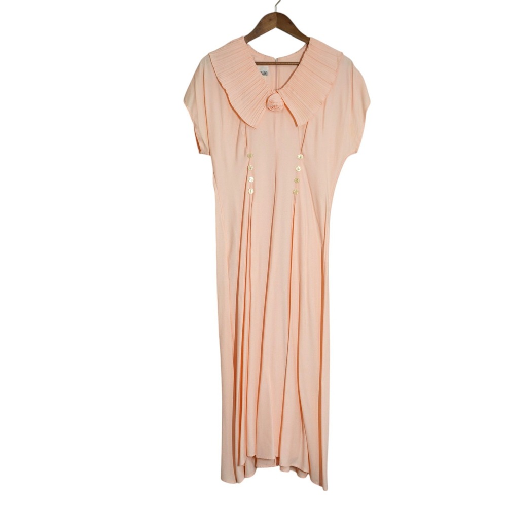 Nina Piccalino Vintage Coquette Peach Pink Pleated Collar Midi Dress Rosette
